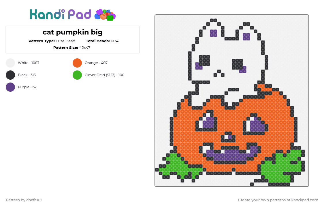 cat pumpkin big - Fuse Bead Pattern by chefe101 on Kandi Pad - white,orange