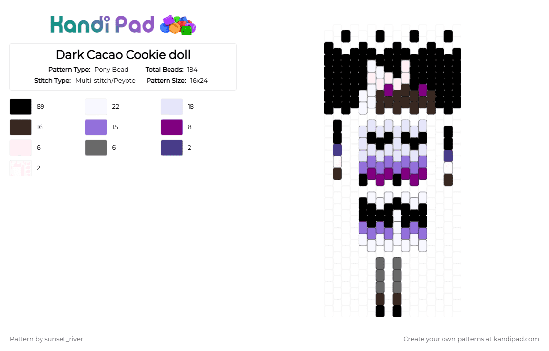 Dark Cacao Cookie doll - Pony Bead Pattern by sunset_river on Kandi Pad - black, brown, purple, white