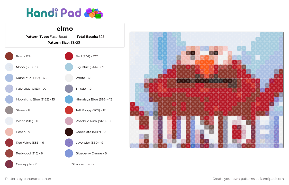 elmo - Fuse Bead Pattern by banananananan on Kandi Pad - light blue,red