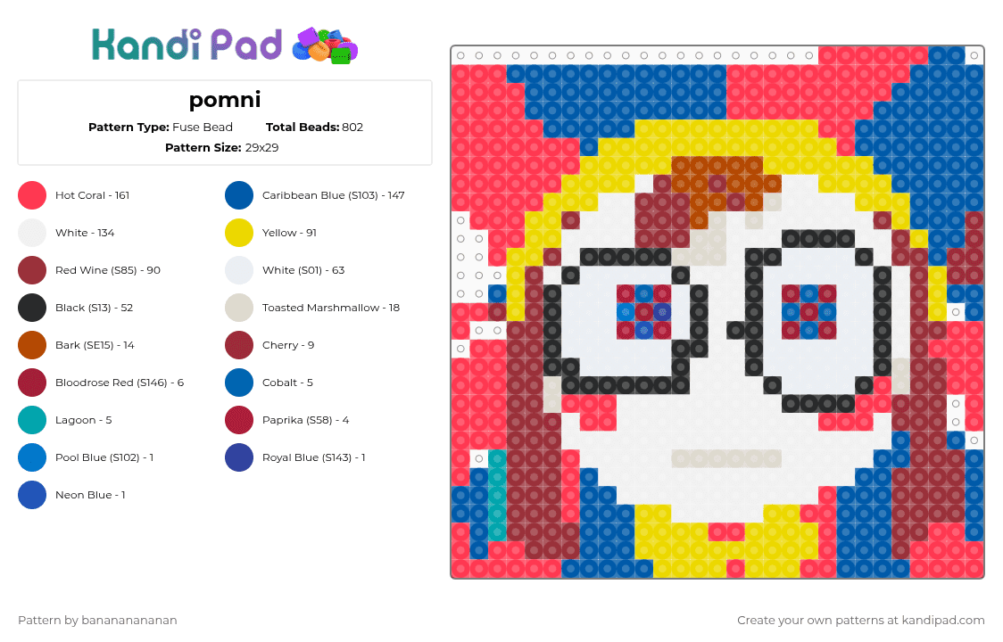 pomni - Fuse Bead Pattern by banananananan on Kandi Pad - red,blue,yellow