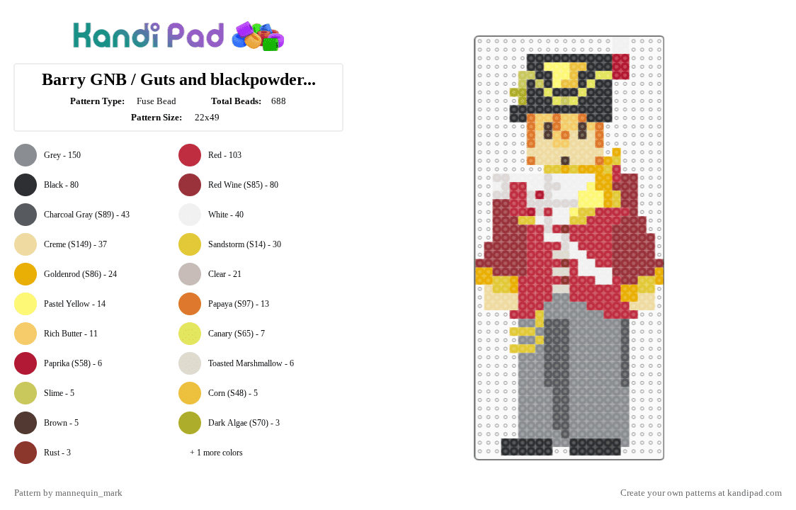 Barry GNB / Guts and blackpowder / G&B - Fuse Bead Pattern by mannequin_mark on Kandi Pad - barry, barry gnb, barry guts and blackpowder, gay, gnb, gray, guts and blackpowder, ok yhis is my last tag goodbye, red, roblox