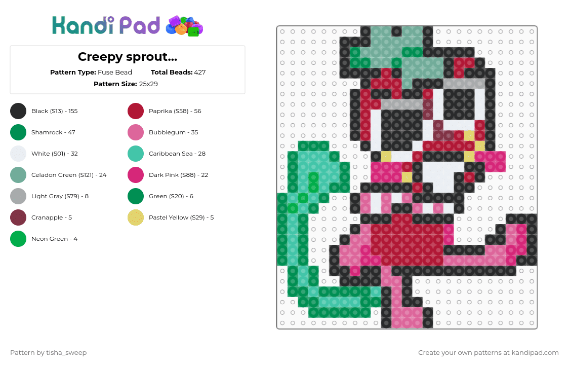 Creepy sprout... - Fuse Bead Pattern by -celestia- on Kandi Pad - pink,red,green,teal