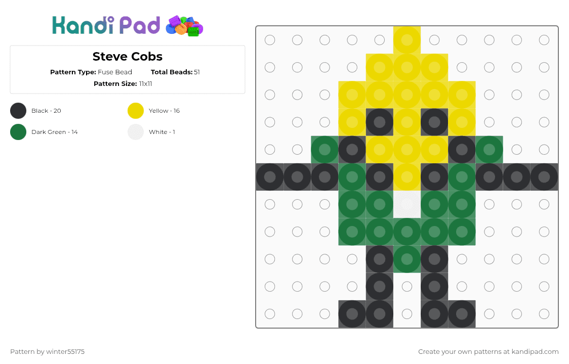 Steve Cobs - Fuse Bead Pattern by winter55175 on Kandi Pad - green,yellow,inanimate insanity,steve cobs,cobs,winter55176,ii,object shows,osc
