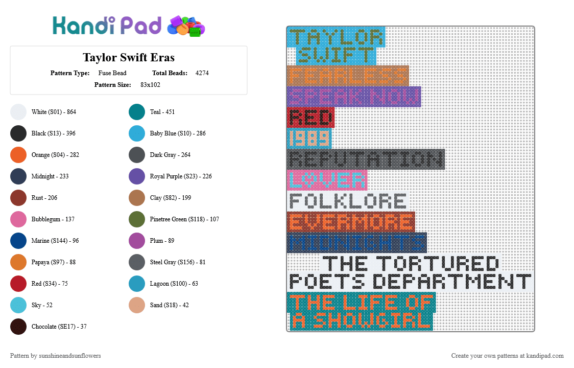 Taylor Swift Eras - Fuse Bead Pattern by sunshineandsunflowers on Kandi Pad - colorful, gray, orange, purple, teal