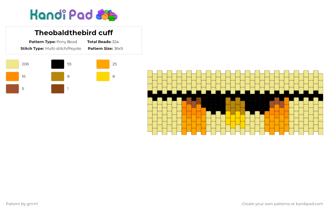 Theobaldthebird cuff - Pony Bead Pattern by grrrrrl on Kandi Pad - yellow,theo,unstable universe,theobaldthebird