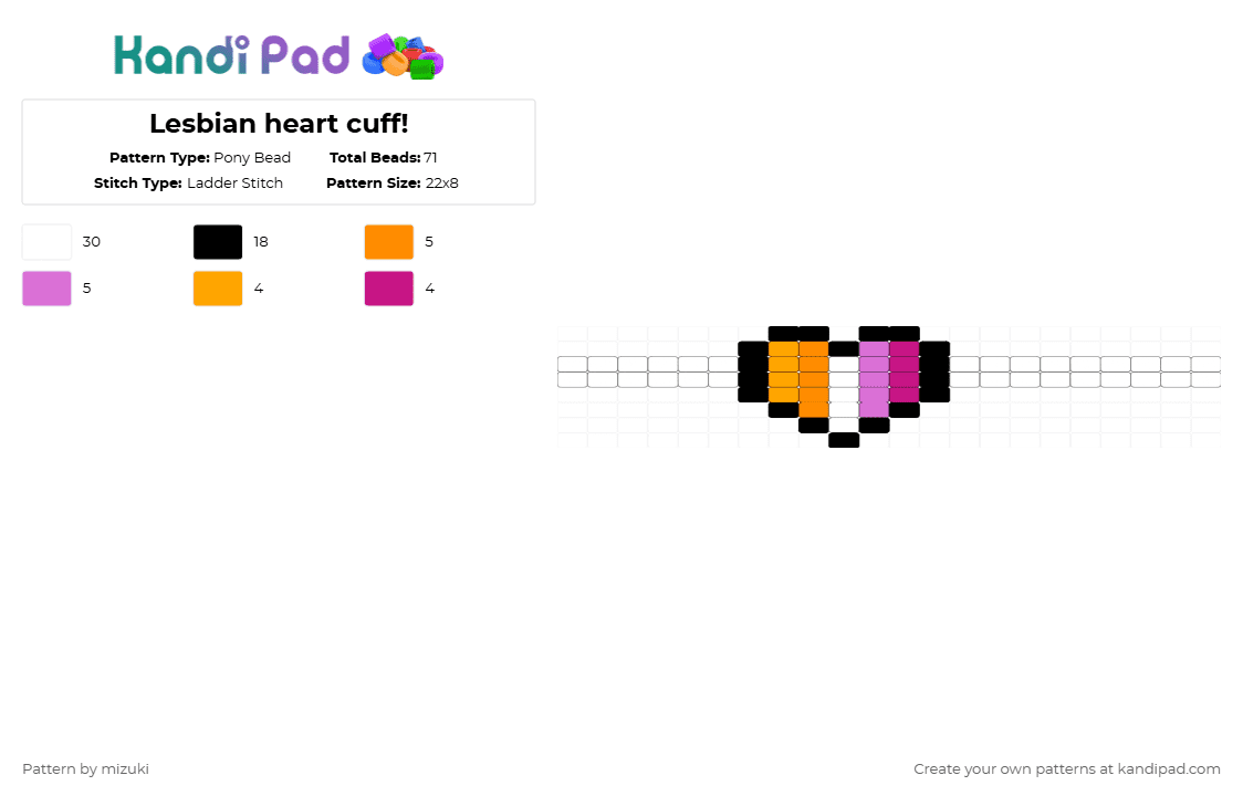 Lesbian heart cuff! - Pony Bead Pattern by mizuki on Kandi Pad - white,orange,pink