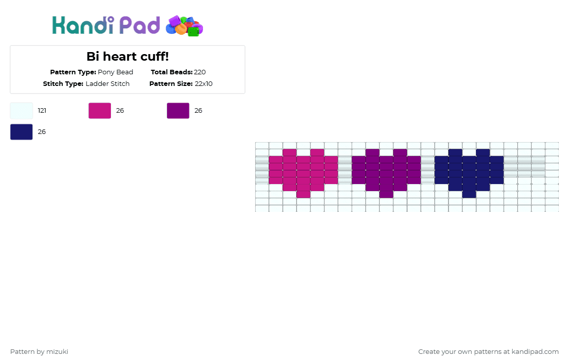 Bi heart cuff! - Pony Bead Pattern by mizuki on Kandi Pad - white,pink,purple