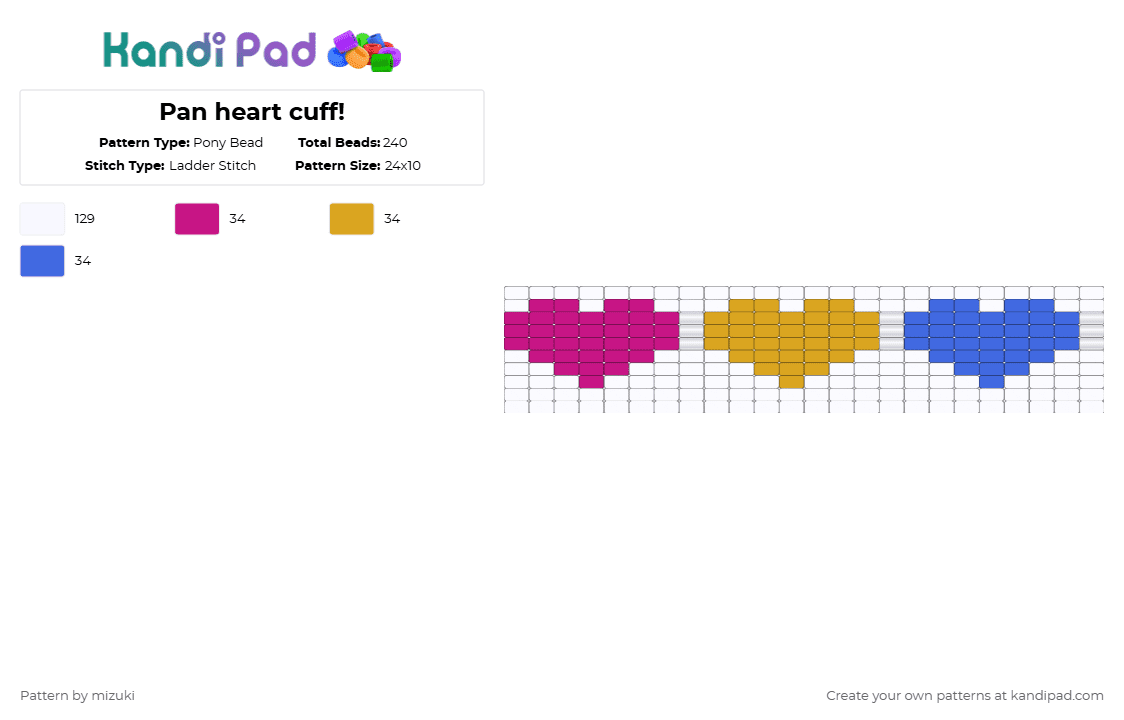 Pan heart cuff! - Pony Bead Pattern by mizuki on Kandi Pad - white,pink,orange,blue