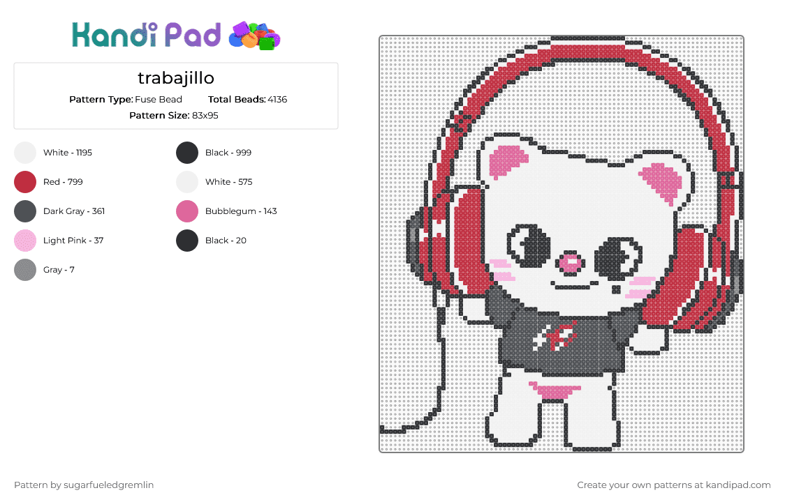 trabajillo - Fuse Bead Pattern by sugarfueledgremlin on Kandi Pad - white,red