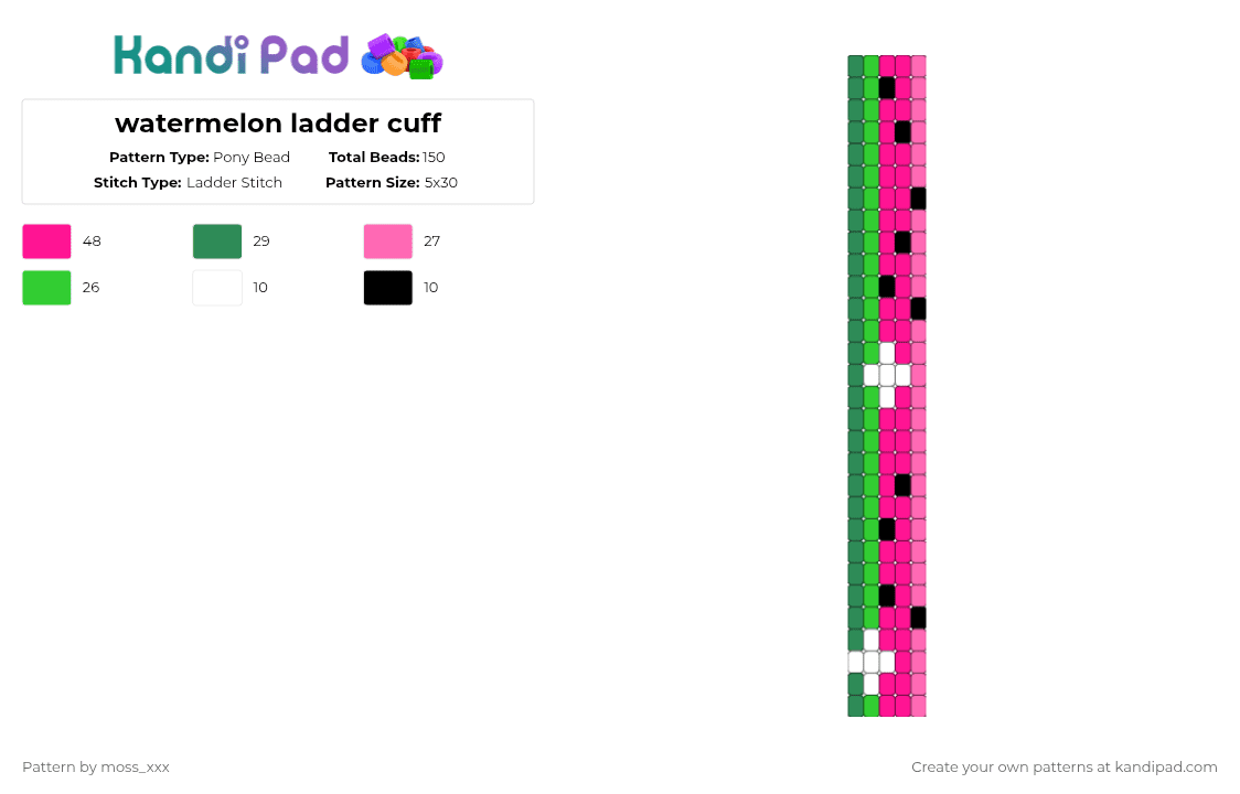 watermelon ladder cuff - Pony Bead Pattern by t3nna_h45_74k3n_0v3r-myl1f3 on Kandi Pad - pink,green