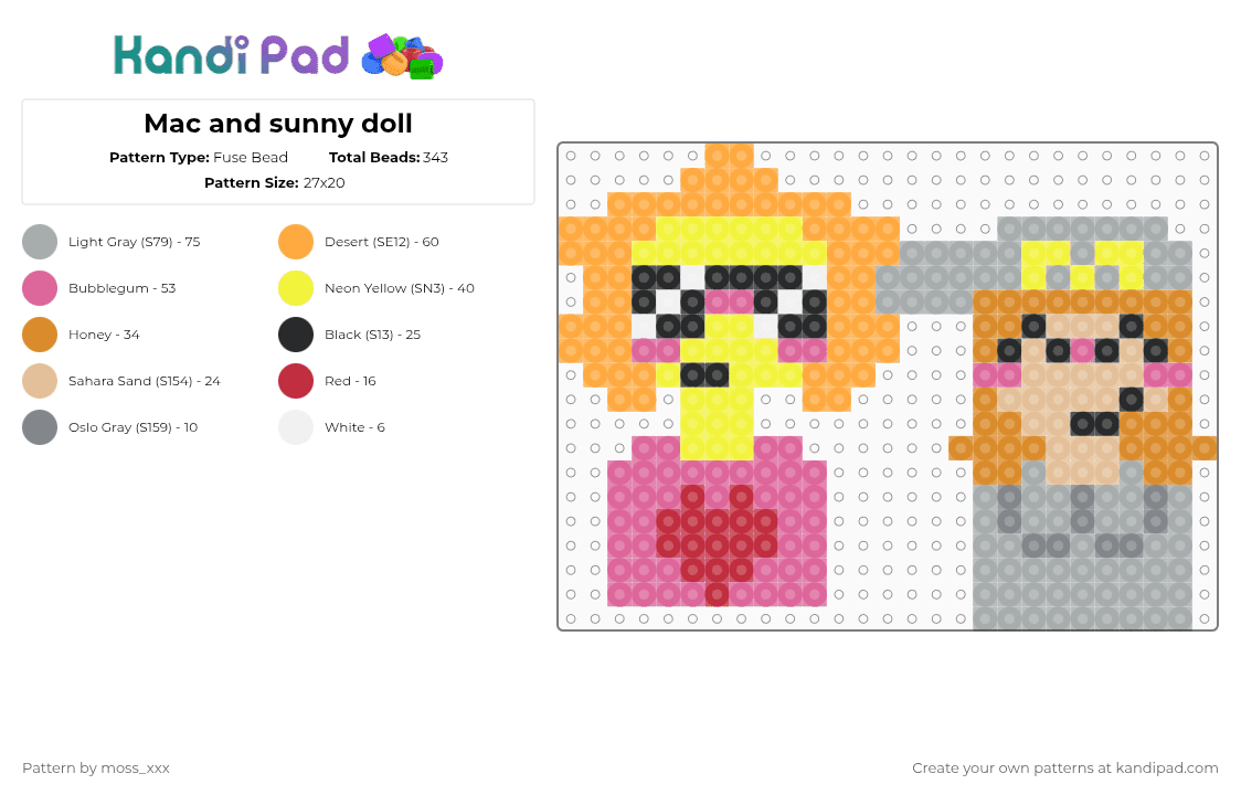 Mac and sunny dolls - Fuse Bead Pattern by t3nna_h45_74k3n_0v3r-myl1f3 on Kandi Pad - pink,orange,gray