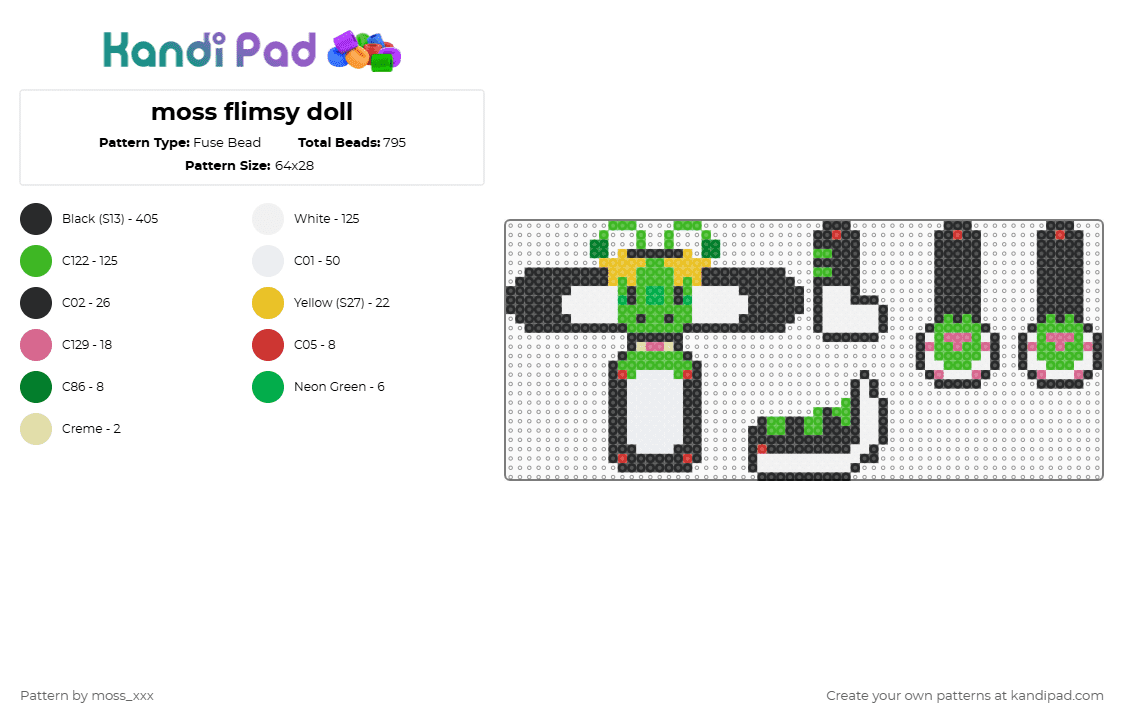moss flimsy doll - Fuse Bead Pattern by moss_xxx on Kandi Pad - black,white,green
