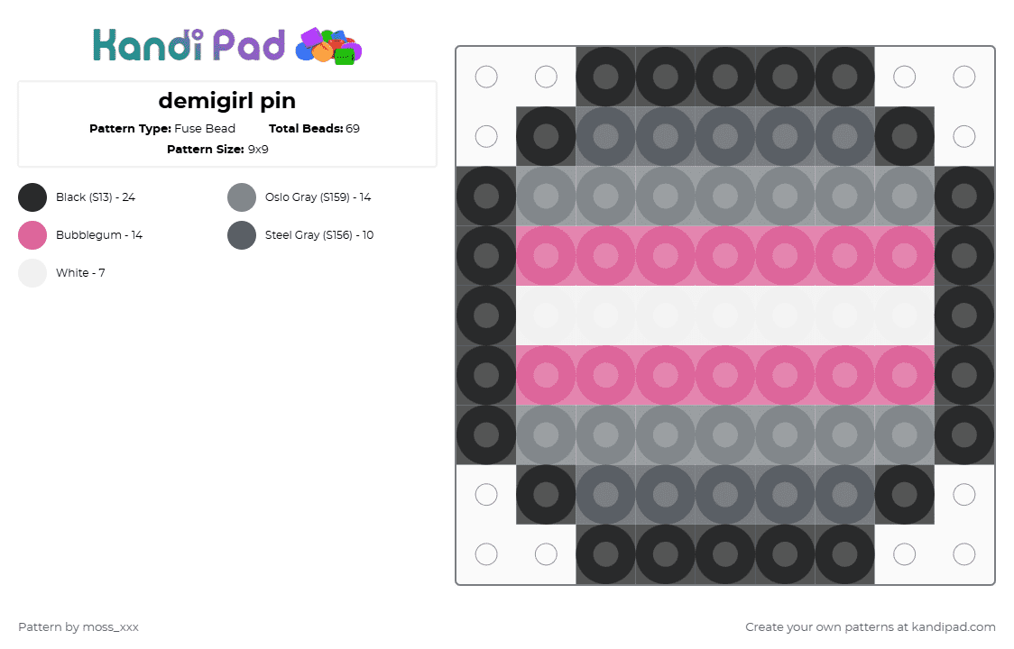 demigirl pin - Fuse Bead Pattern by t3nna_h45_74k3n_0v3r-myl1f3 on Kandi Pad - gray,pink