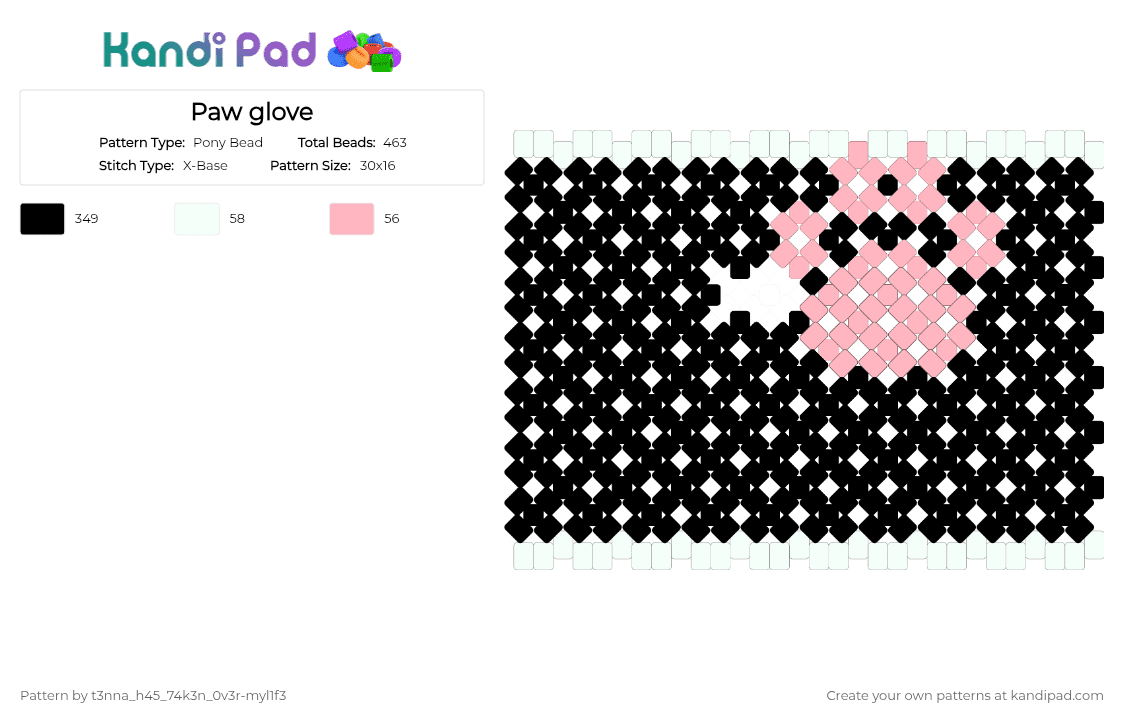 Paw glove - Pony Bead Pattern by t3nna_h45_74k3n_0v3r-myl1f3 on Kandi Pad - black,white,pink