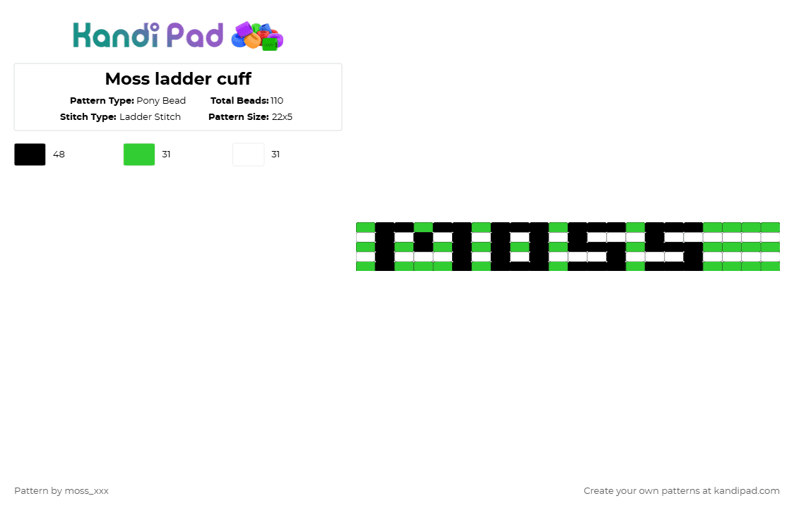 Moss ladder cuff - Pony Bead Pattern by t3nna_h45_74k3n_0v3r-myl1f3 on Kandi Pad - green,white