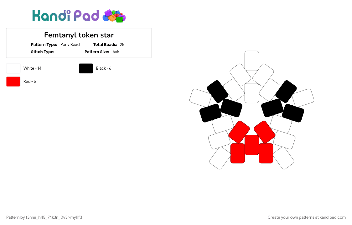 Femtanyl token star - Pony Bead Pattern by t3nna_h45_74k3n_0v3r-myl1f3 on Kandi Pad - red, white