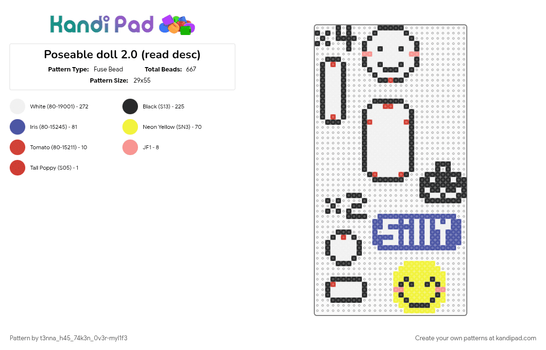 Poseable doll 2.0 (read desc) - Fuse Bead Pattern by t3nna_h45_74k3n_0v3r-myl1f3 on Kandi Pad - purple, white, yellow