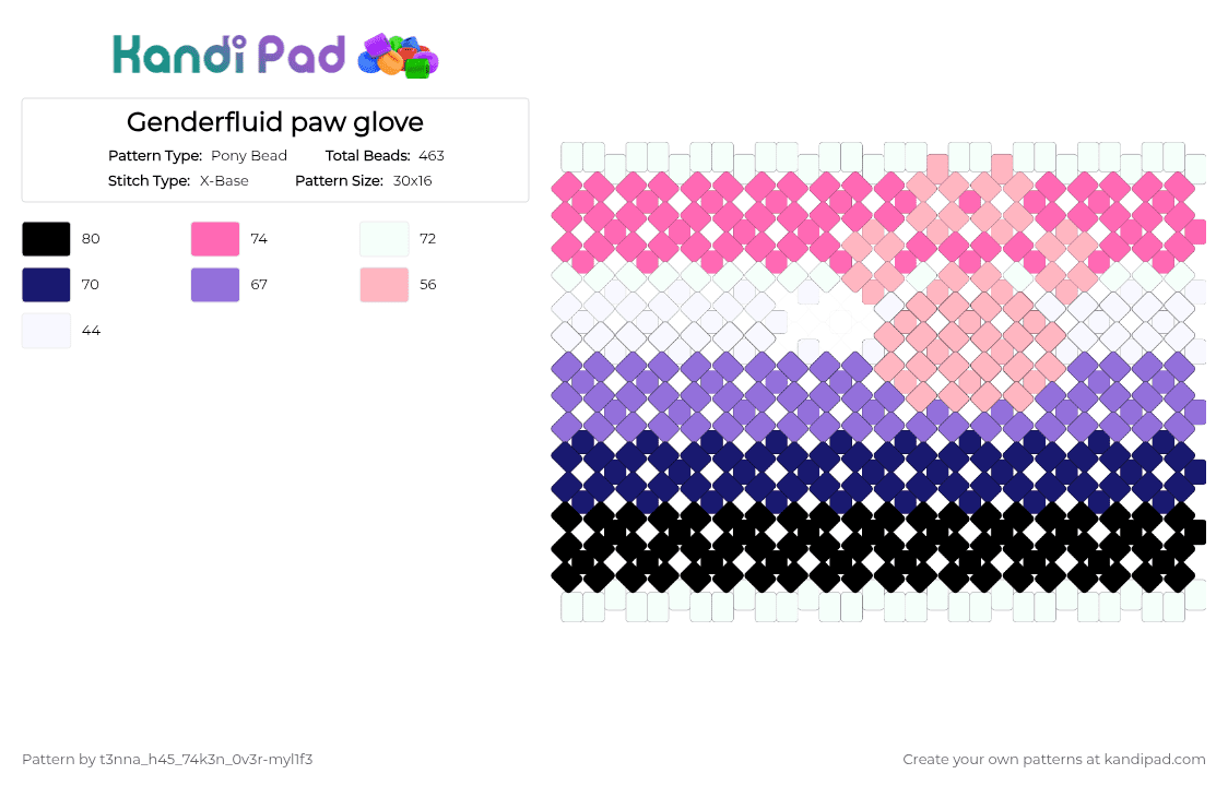 Genderfluid paw glove - Pony Bead Pattern by t3nna_h45_74k3n_0v3r-myl1f3 on Kandi Pad - pink, purple