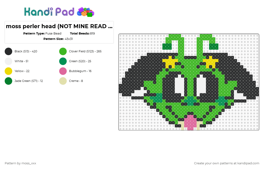 moss perler head (NOT MINE READ DESC!) - Fuse Bead Pattern by t3nna_h45_74k3n_0v3r-myl1f3 on Kandi Pad - black,green