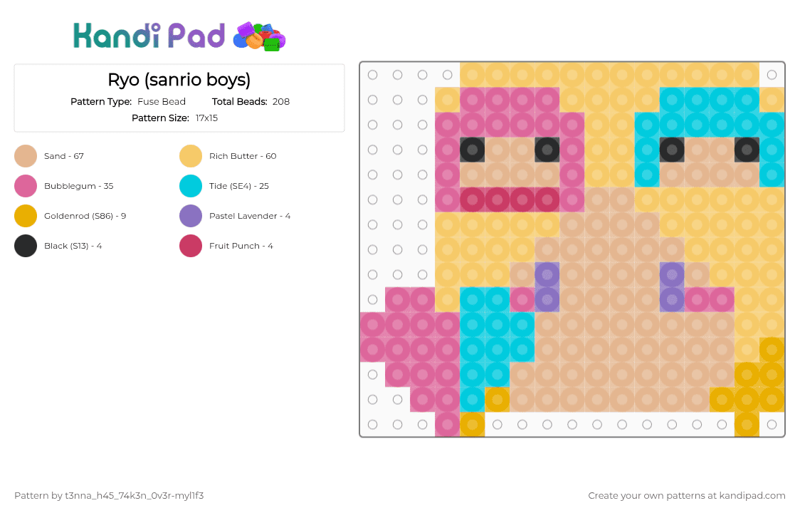 Ryo (sanrio boys) - Fuse Bead Pattern by t3nna_h45_74k3n_0v3r-myl1f3 on Kandi Pad - pink,yellow,beige