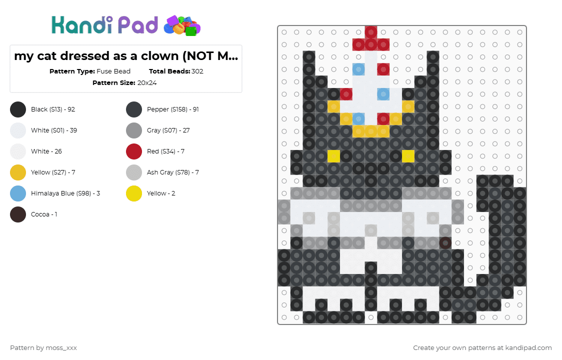 my cat dressed as a clown (NOT MINE READ DESC!) - Fuse Bead Pattern by moss_xxx on Kandi Pad - black,white,yellow,gray