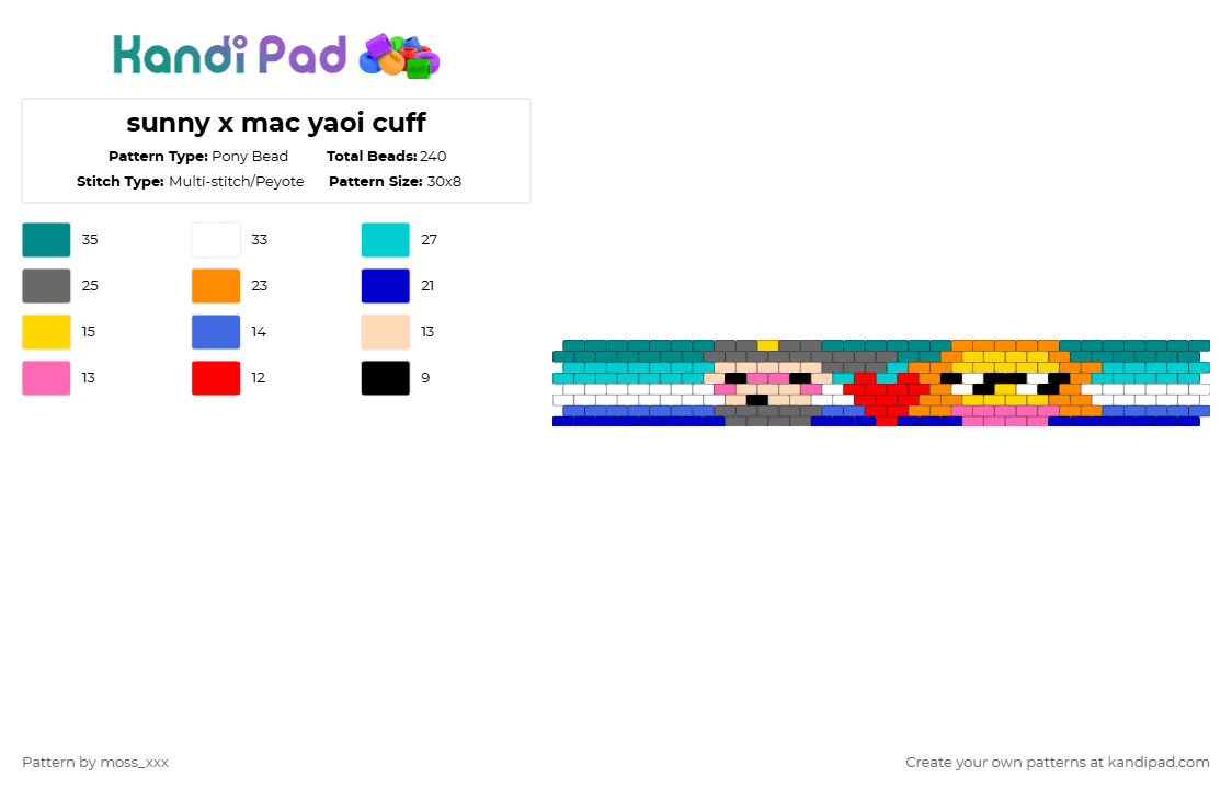 sunny x mac yaoi cuff - Pony Bead Pattern by t3nna_h45_74k3n_0v3r-myl1f3 on Kandi Pad - teal,orange,purple,colorful