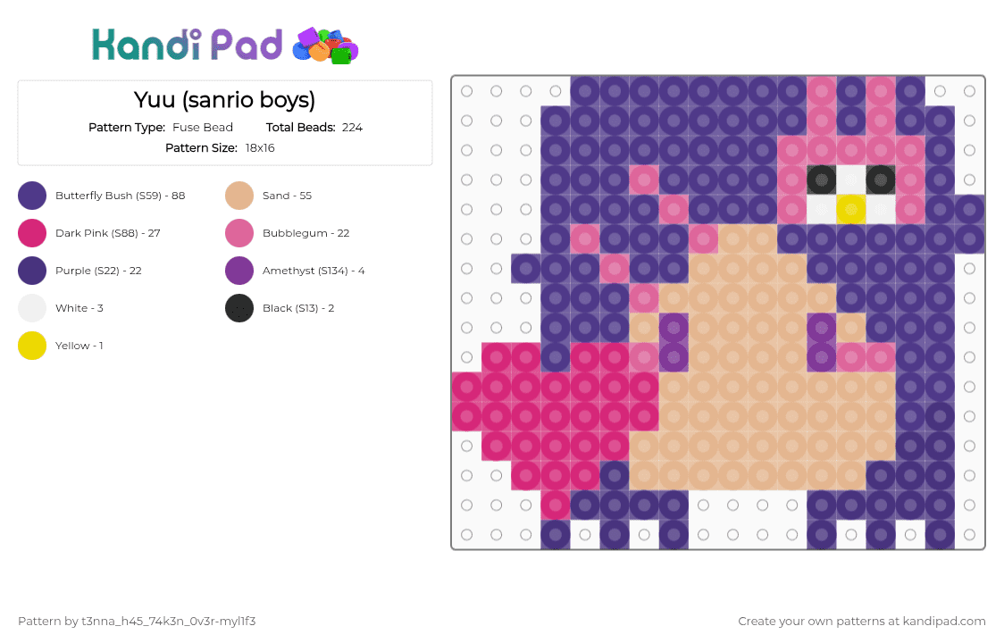 Yuu (sanrio boys) - Fuse Bead Pattern by t3nna_h45_74k3n_0v3r-myl1f3 on Kandi Pad - purple,pink,beige