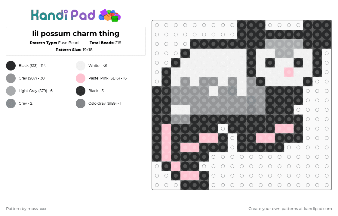 lil possum charm thing - Fuse Bead Pattern by moss_xxx on Kandi Pad - gray,pink