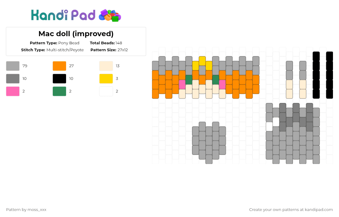 Mac doll (improved) - Pony Bead Pattern by t3nna_h45_74k3n_0v3r-myl1f3 on Kandi Pad - beige,orange