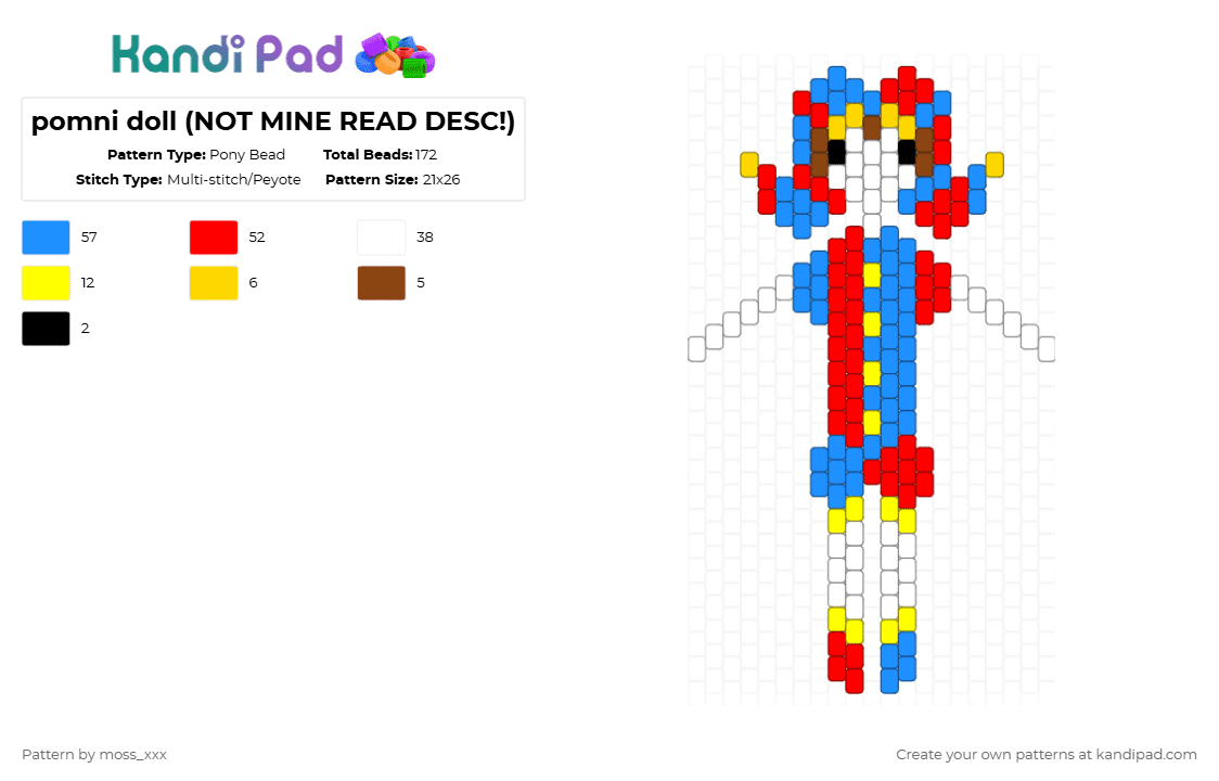pomni doll (NOT MINE READ DESC!) - Pony Bead Pattern by t3nna_h45_74k3n_0v3r-myl1f3 on Kandi Pad - red,light blue