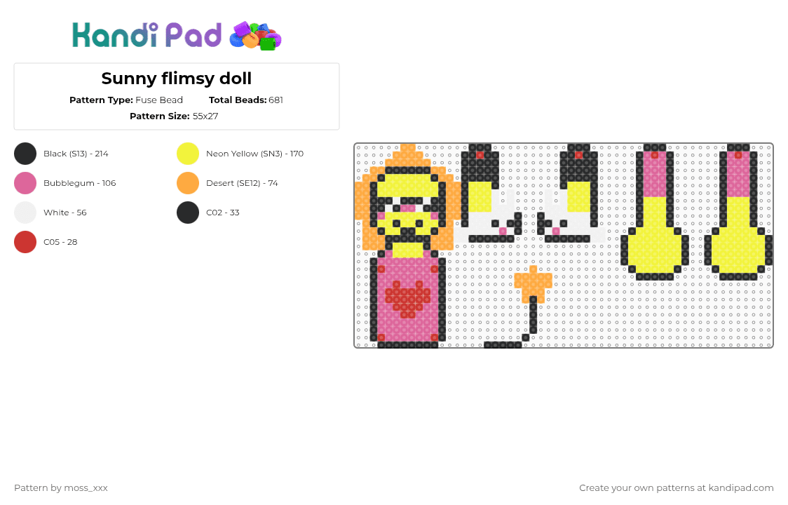 Sunny flimsy doll - Fuse Bead Pattern by t3nna_h45_74k3n_0v3r-myl1f3 on Kandi Pad - yellow,pink