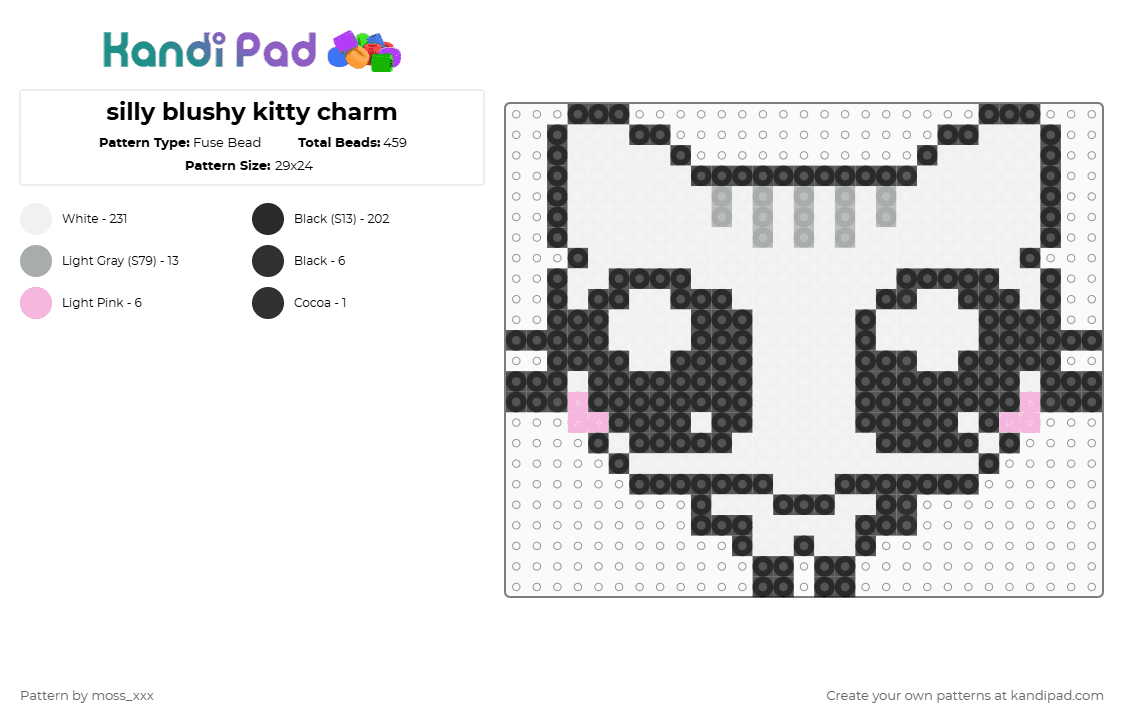silly blushy kitty charm - Fuse Bead Pattern by t3nna_h45_74k3n_0v3r-myl1f3 on Kandi Pad - white,gray