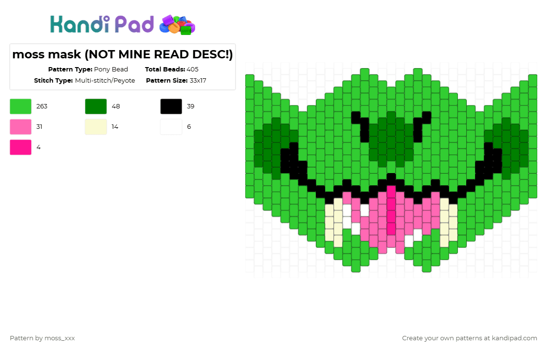 moss mask (NOT MINE READ DESC!) - Pony Bead Pattern by t3nna_h45_74k3n_0v3r-myl1f3 on Kandi Pad - green