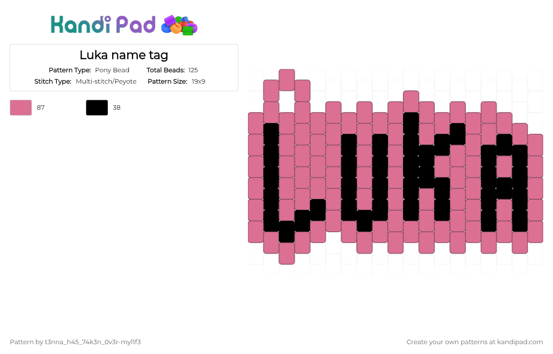 Luka name tag - Pony Bead Pattern by t3nna_h45_74k3n_0v3r-myl1f3 on Kandi Pad - black,pink