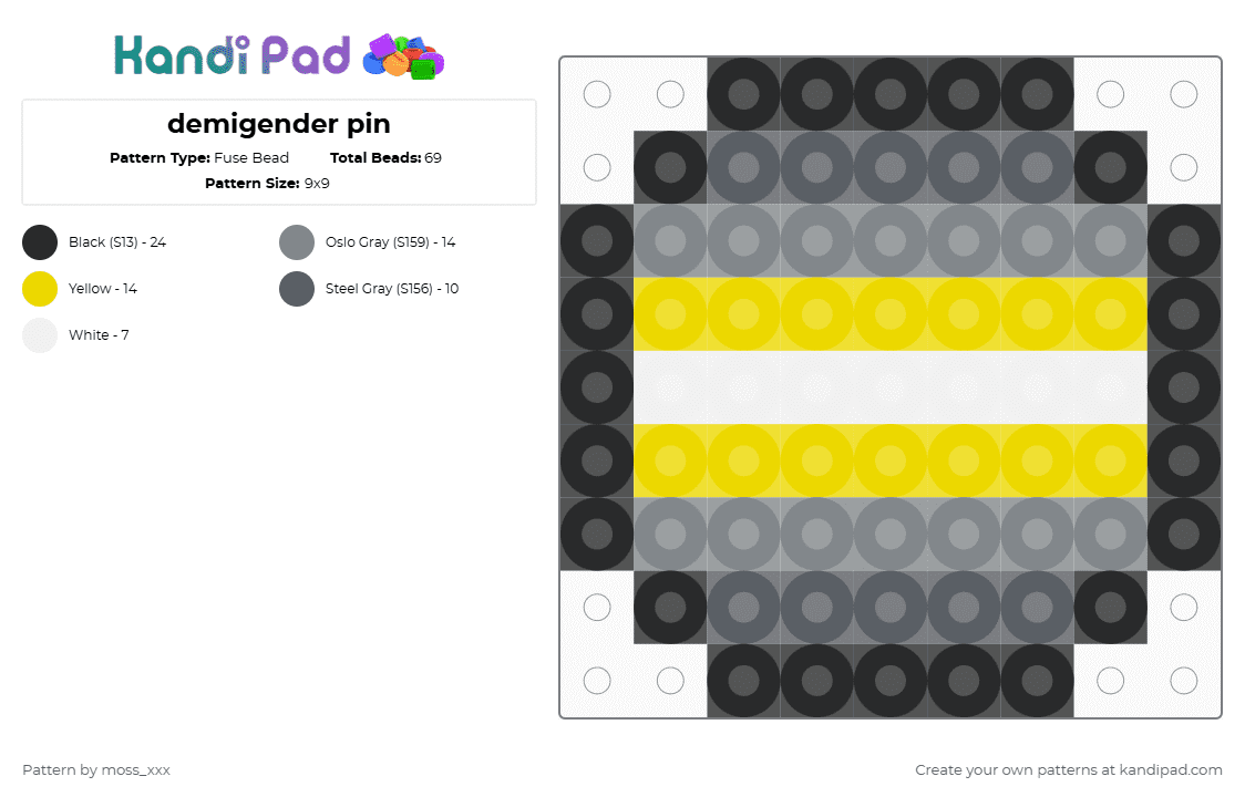 demigender pin - Fuse Bead Pattern by t3nna_h45_74k3n_0v3r-myl1f3 on Kandi Pad - gray,yellow
