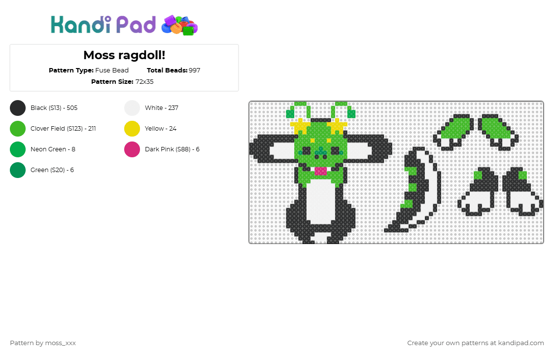 Moss ragdoll! - Fuse Bead Pattern by t3nna_h45_74k3n_0v3r-myl1f3 on Kandi Pad - black,green
