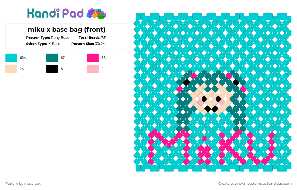 miku x base bag (front) - Pony Bead Pattern by t3nna_h45_74k3n_0v3r-myl1f3 on Kandi Pad - light blue
