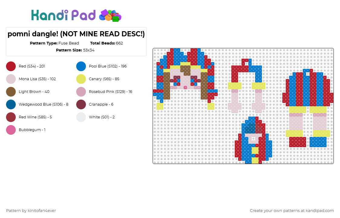 pomni dangle! (NOT MINE READ DESC!) - Fuse Bead Pattern by moss_xxx on Kandi Pad - red,yellow,blue