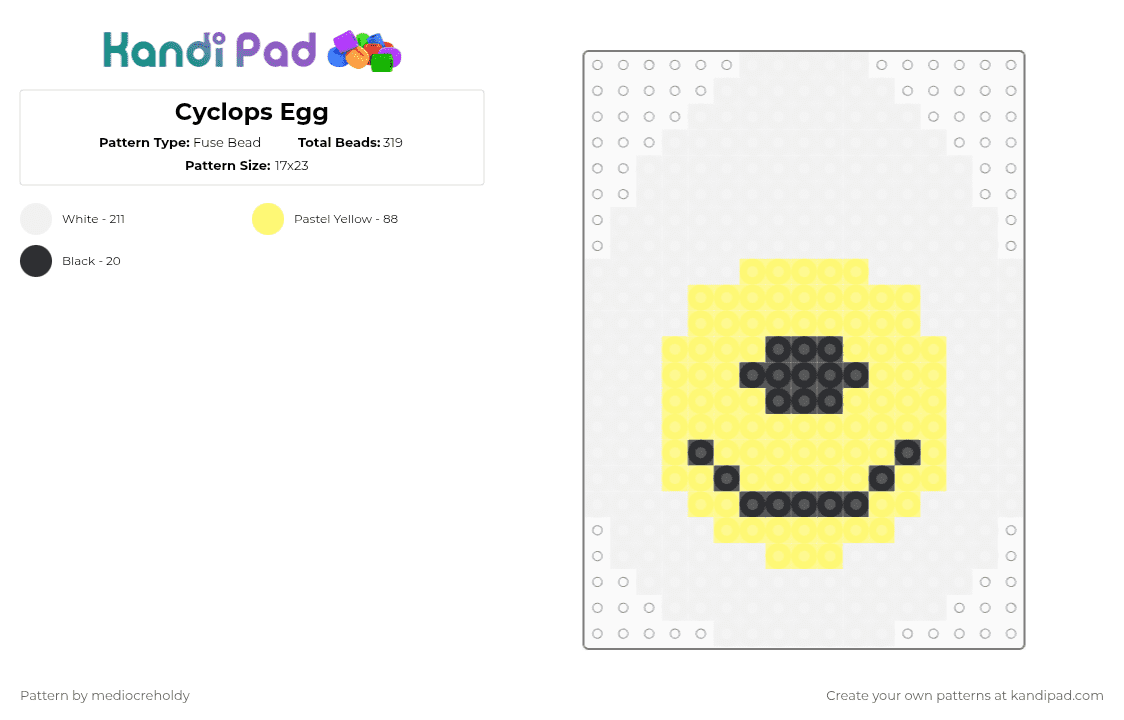 Cyclops Egg - Fuse Bead Pattern by mediocreholdy on Kandi Pad - egg,smiley,simple,charm,white,yellow,cyclops,monster