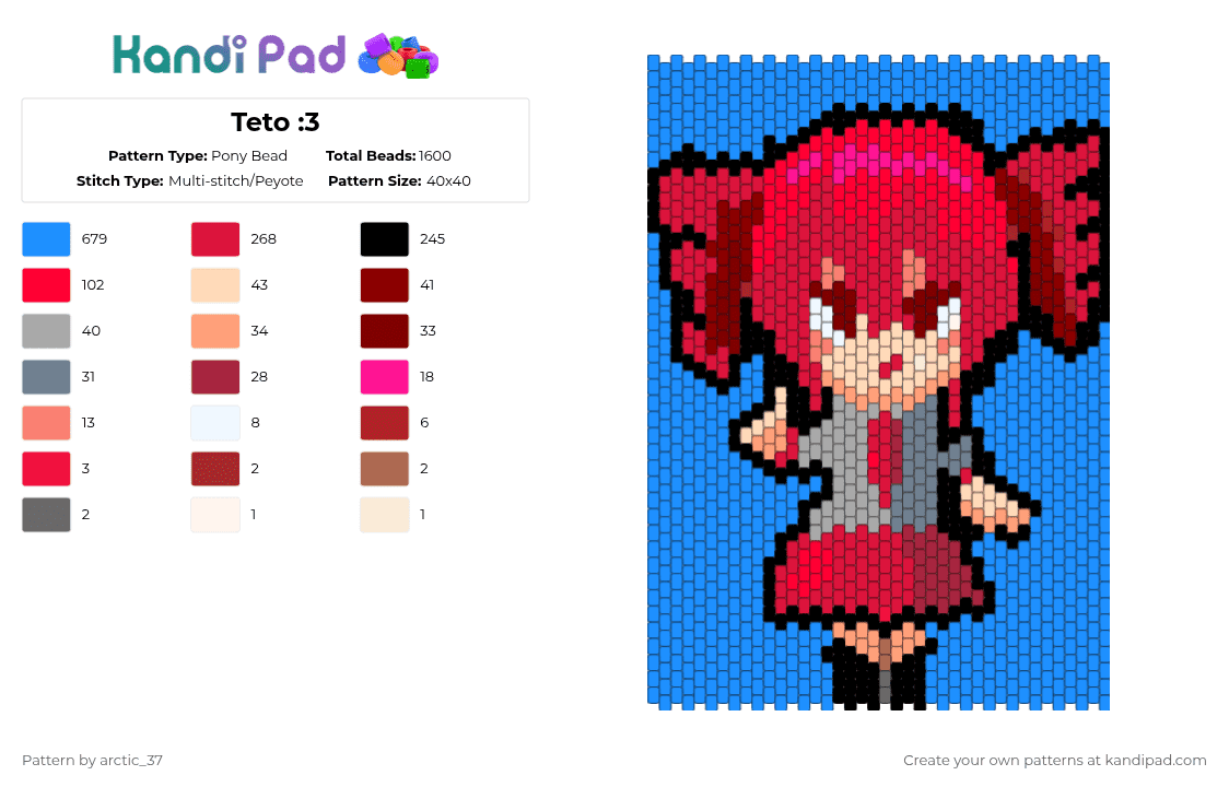 Teto :3 - Pony Bead Pattern by arctic_37 on Kandi Pad - light blue,red,vocaloid,teto,anime
