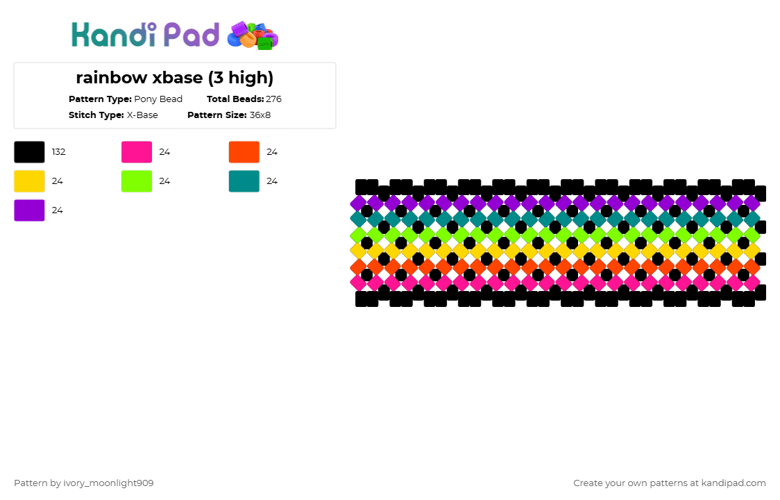 rainbow xbase (3 high) - Pony Bead Pattern by ivory_moonlight909 on Kandi Pad - black,red,green,purple,colorful