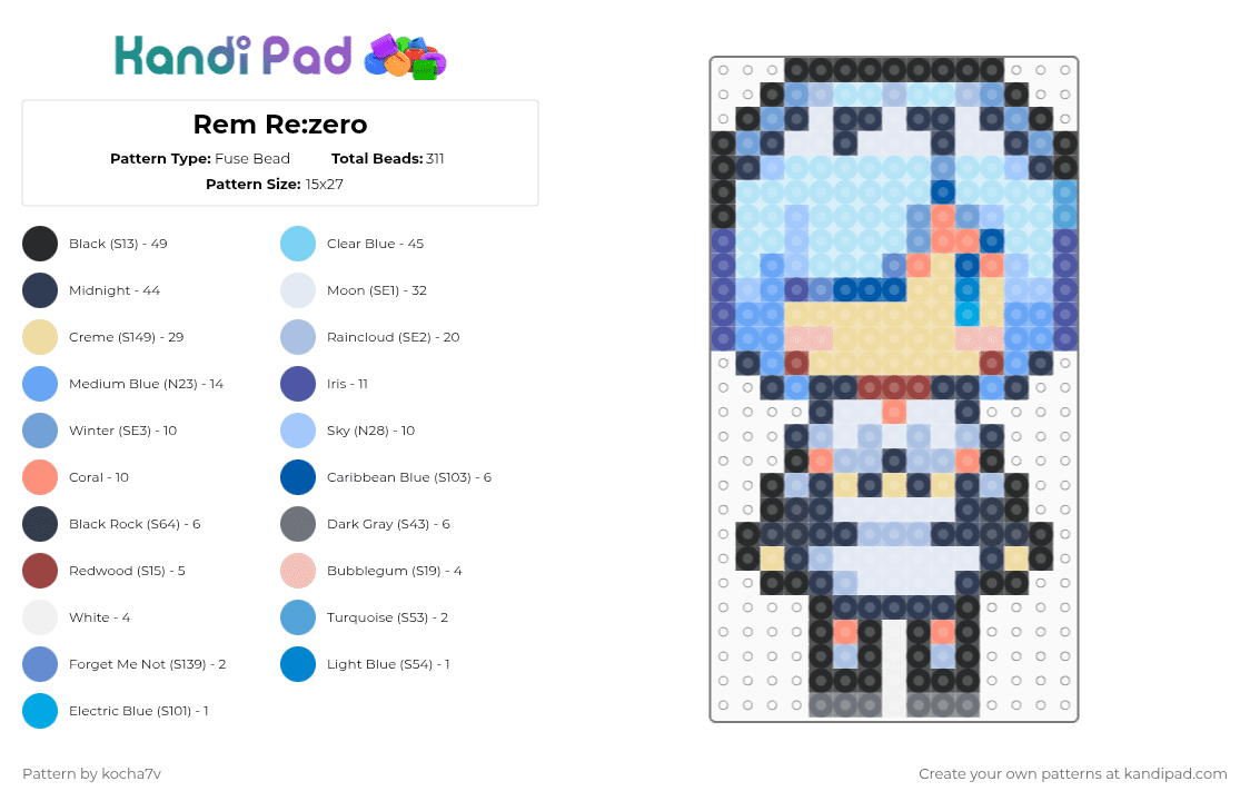 Rem Re:zero - Fuse Bead Pattern by kocha7v on Kandi Pad - light blue,purple,beige