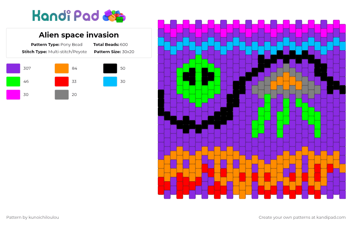 Alien space invasion - Pony Bead Pattern by kunoichiloulou on Kandi Pad - purple,orange