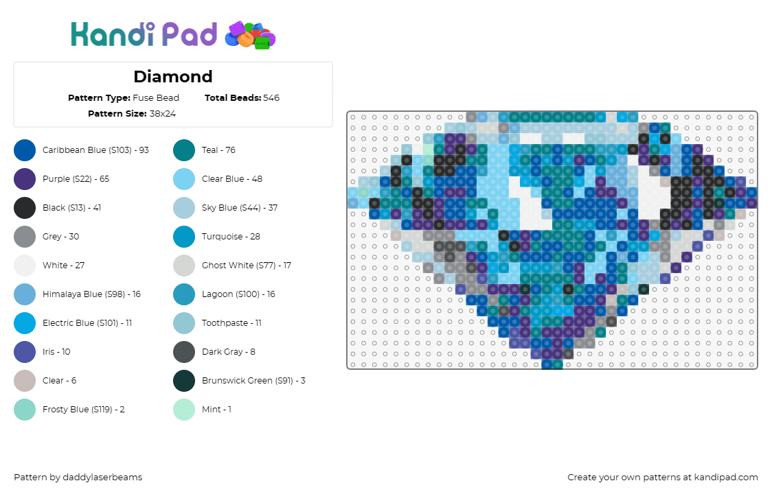 Diamond - Fuse Bead Pattern by daddylaserbeams on Kandi Pad - diamond,gem,elegance,multifaceted,cool palette,blues,purples