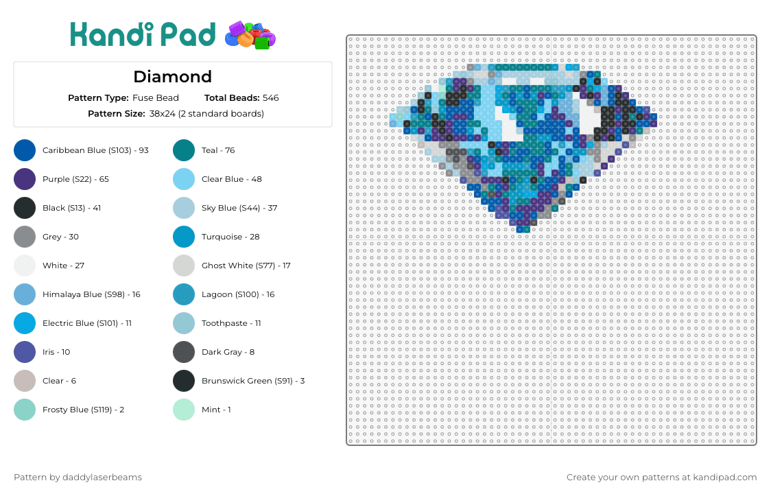 Diamond - Fuse Bead Pattern by daddylaserbeams on Kandi Pad - diamond,gem,elegance,multifaceted,cool palette,blues,purples