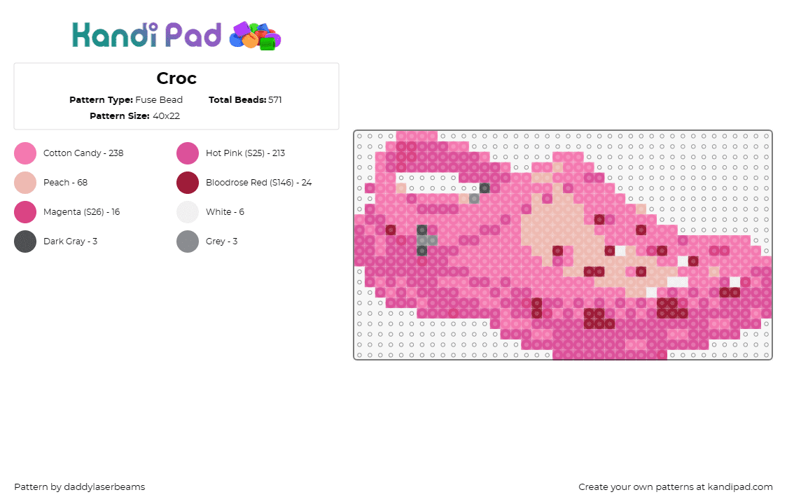 Croc - Fuse Bead Pattern by daddylaserbeams on Kandi Pad - crocs,shoe,footwear,trendy,quirky touch,wardrobe,unique gifts,playful pink,afici