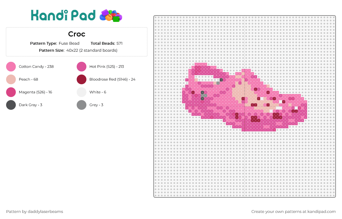 Croc - Fuse Bead Pattern by daddylaserbeams on Kandi Pad - crocs,shoe,footwear,trendy,quirky touch,wardrobe,crafting,unique gifts,playful pink,aficionados