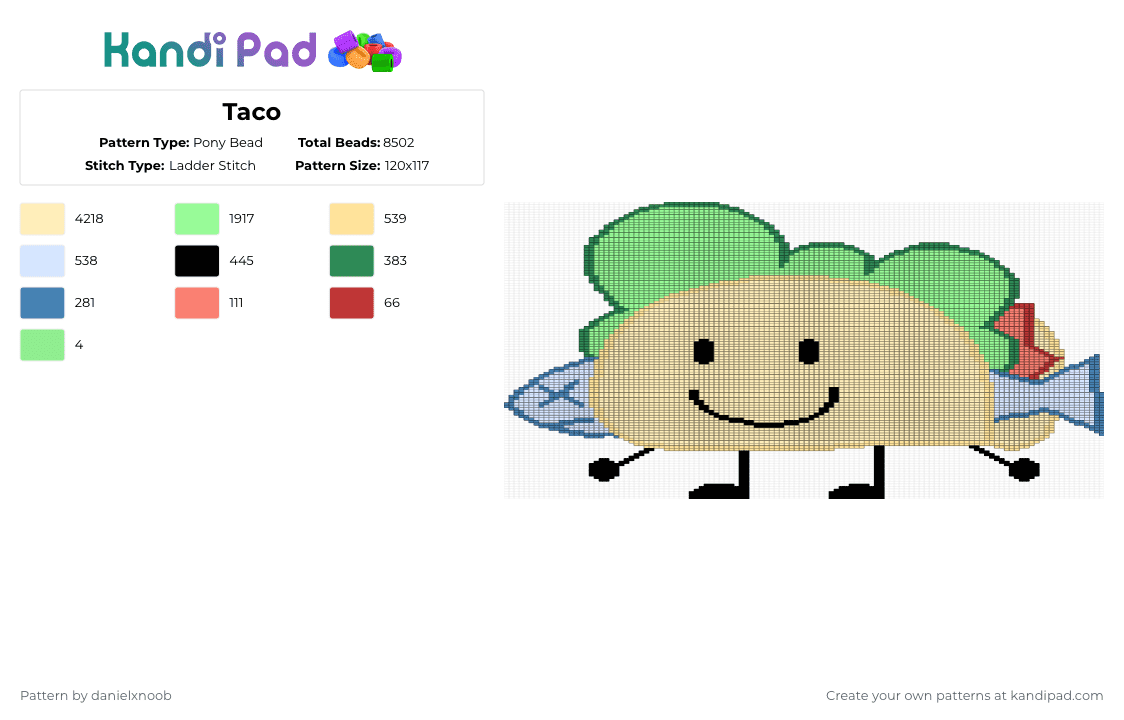 Taco - Pony Bead Pattern by danielxnoob on Kandi Pad - beige,teal,taco,bfdi,taco bfdi,bfdi taco,bfdi fanart