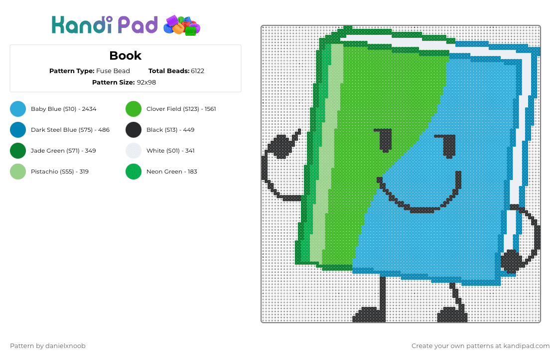 Book - Fuse Bead Pattern by danielxnoob on Kandi Pad - green,light blue,bfdi book,book,bfdi,bfdi fanart