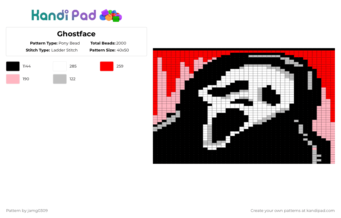Ghostface - Pony Bead Pattern by jamg0309 on Kandi Pad - ghost face,tapestry,halloween,spooky,holiday,black,red,pink,ghostface,scream,horror,slasher